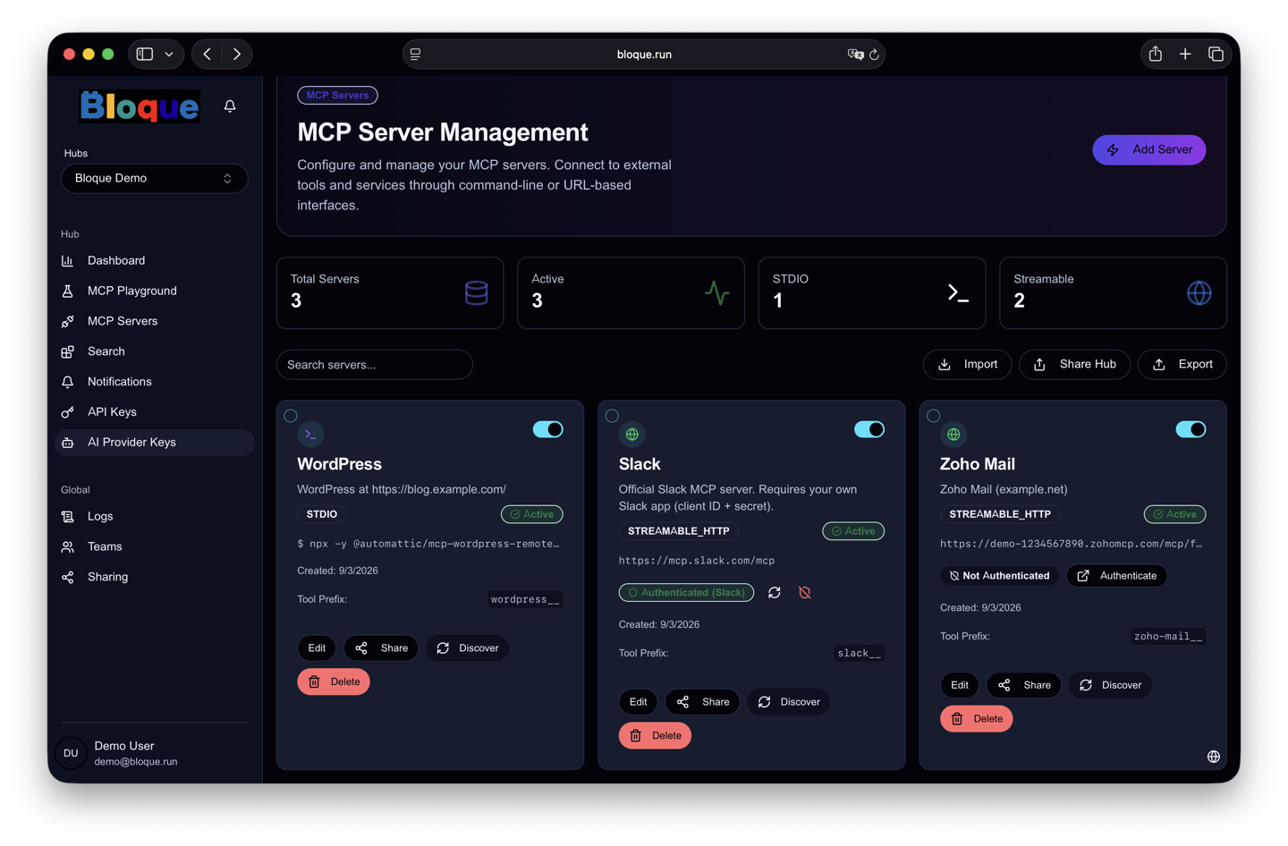 Bloque MCP Server Management screen